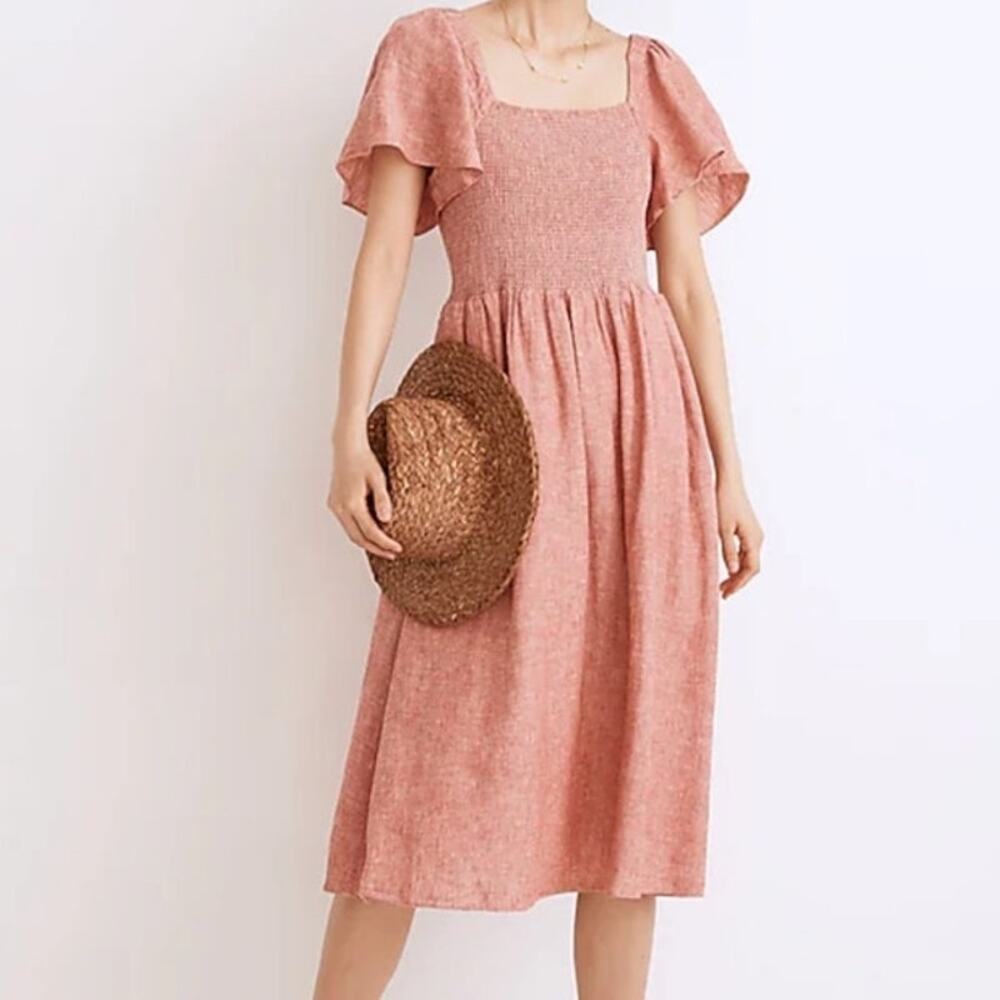 Madewell Linen Blend Lucie Smocked Midi Dress Fresh Chili Size M Summer Brunch
